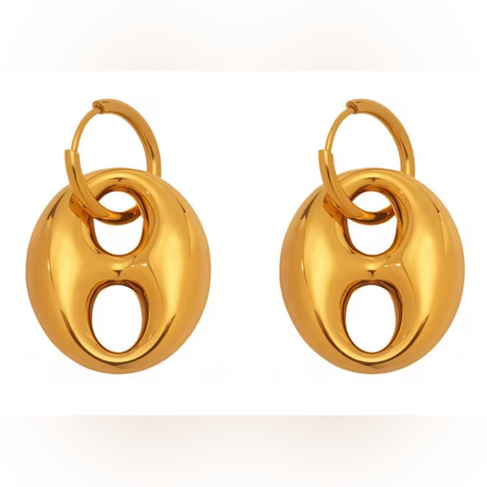 18 k Gold Plated Stainless Steel Mariner Puff Link Charm Hoop Earrings
